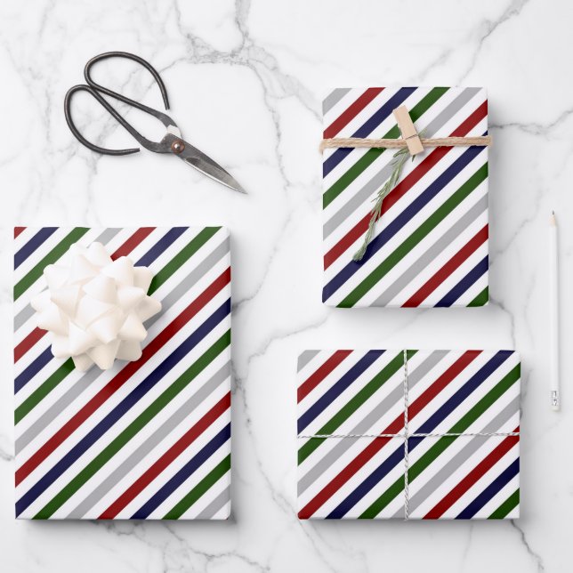 Red White Blue Green Gray Streifen Geschenkpapier Set (Vorderseite)