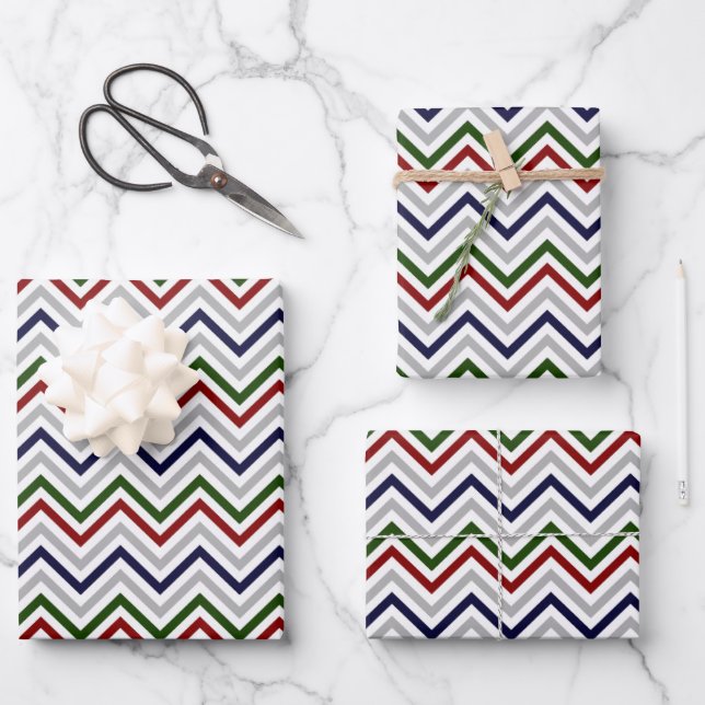 Red White Blue Green Gray Zig Zag Geschenkpapier Set (Vorderseite)