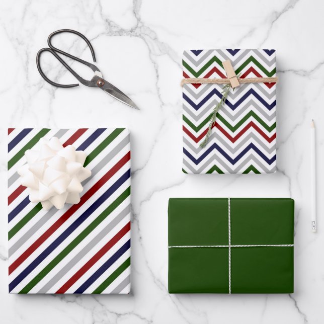 Red White Blue Green Zig Zag Streifen Geschenkpapier Set (Vorderseite)