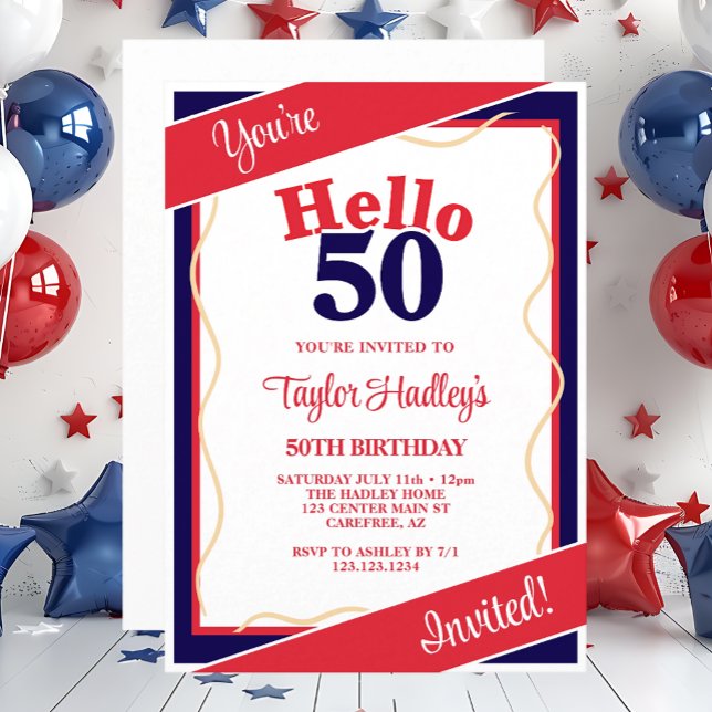 Red White & Blue Hallo 50. Geburtstag Einladung (Von Creator hochgeladen)