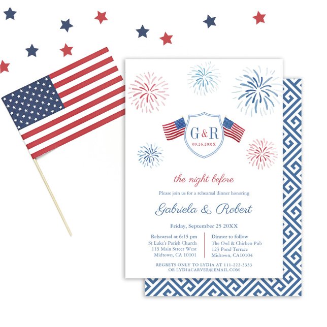 Red White Blue Hochzeit Probe Dinner am 4. Juli Einladung (Smart Red White And Blue Fireworks Wedding Rehearsal And Dinner Invitation)