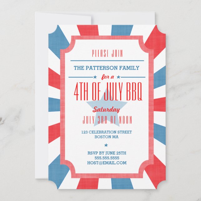 Red White + Blue July 4. GRILLEN Party Einladung (Vorderseite)