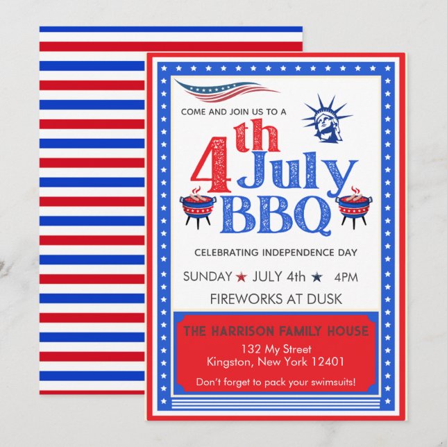 Red White Blue July 4. Party GRILLEN Celebration Einladung (Vorne/Hinten)