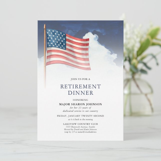 Red White Blue Military American Flag Retirement Einladung (Stehend Vorderseite)