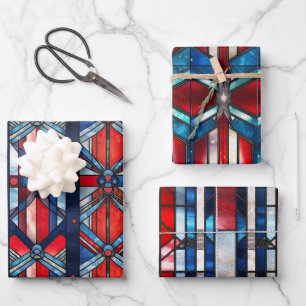 Red White Blue Patriotic gesteinigtes Glas 4. Juli Geschenkpapier Set