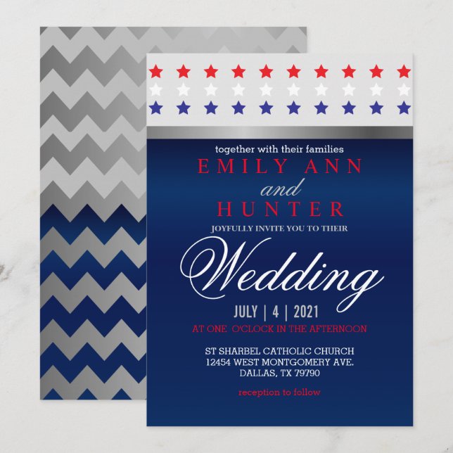 Red, White & Blue Patriotic Star Wedding Einladung (Vorne/Hinten)