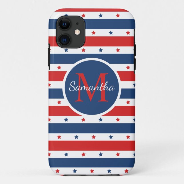 Red White Blue Patriotic Stars Streifen Monogramm Case-Mate iPhone Hülle (Rückseite)