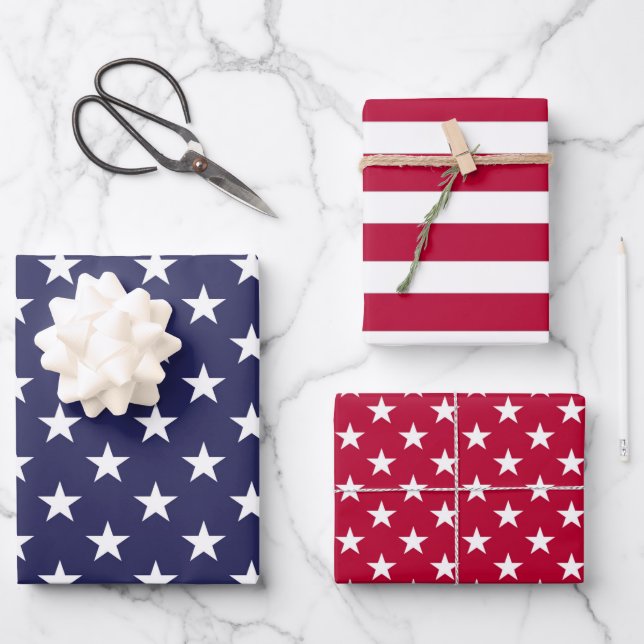 Red White Blue Patriotic USA Wrapping Paper Set Geschenkpapier Set (Vorderseite)