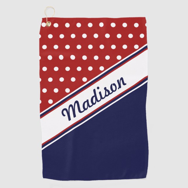 Red White Blue Polka Dot Monogram Womens Golfhandtuch (Vorderseite)