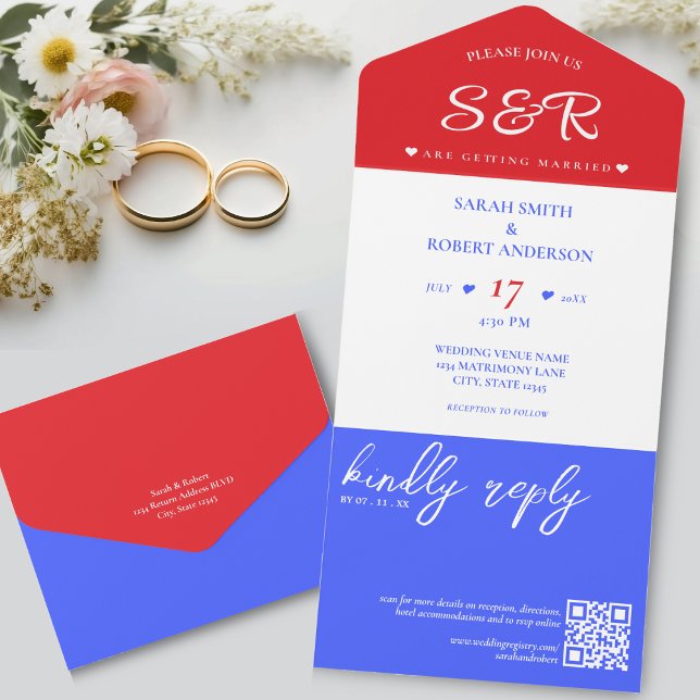Red White & Blue QR Code Hochzeit All In One Einladung (Red White & Blue QR Code Wedding All In One Invitation)