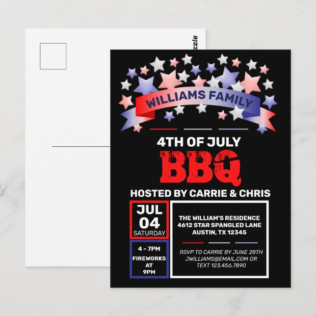 Red White & Blue Ribbon & Stars 4. Juli GRILLEN Postkarte (Vorne/Hinten)