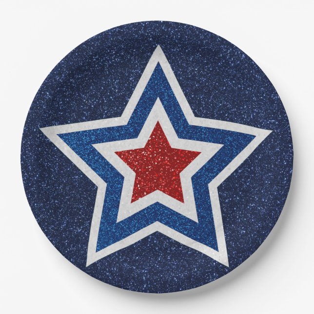 Red, White & Blue Star 4. Juli Glitzer Pappteller (Vorderseite)