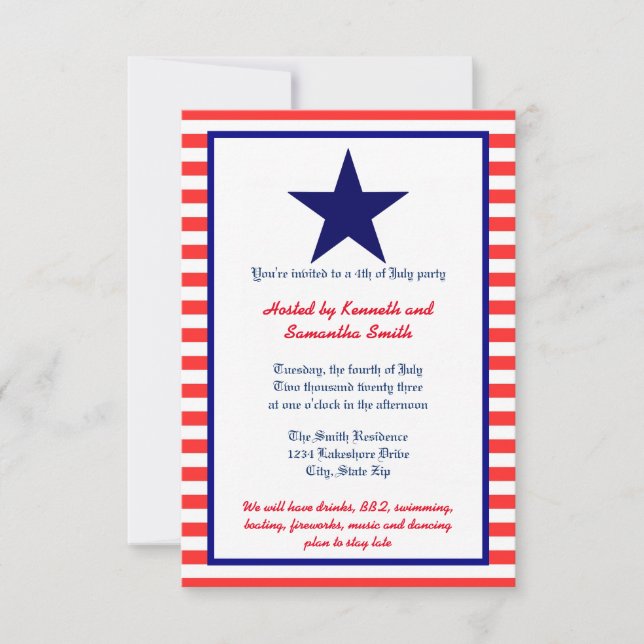 Red White & Blue Star - Invitation 3x5 Party (Devant)