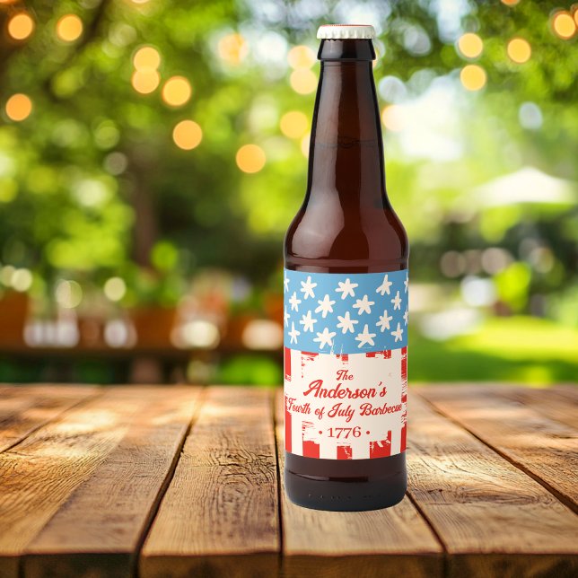 Red White & Blue Star & Stripe Familienname Barbec Bierflaschenetikett (Von Creator hochgeladen)