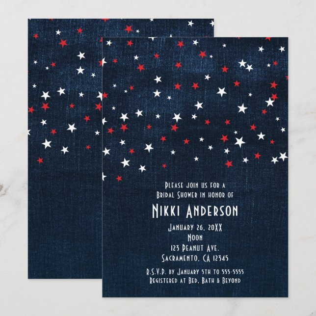 Red White & Blue Stars Denim Party Invitations (Devant / Derrière)
