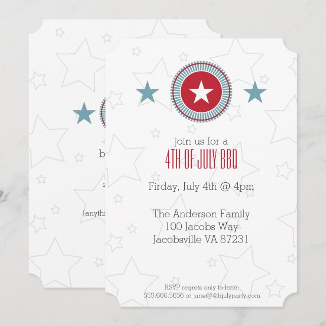 Red White & Blue Stars Patriotic 4. Juli Einladung (Vorne/Hinten)