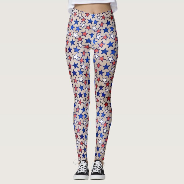 Red White Blue Stars Trendy Yoga Pant Leggings (Vorderseite)