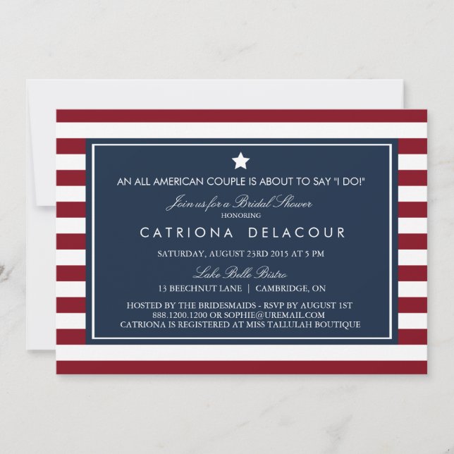 Red White & Blue Streifen Bridal Dusche Einladung (Vorderseite)