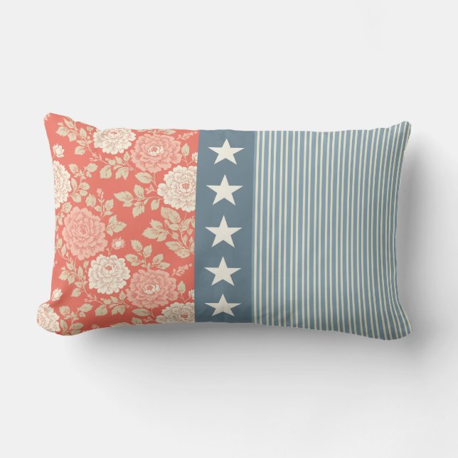 Red White Blue Stripe Block Print Stars Lendenkissen (Vorderseite)
