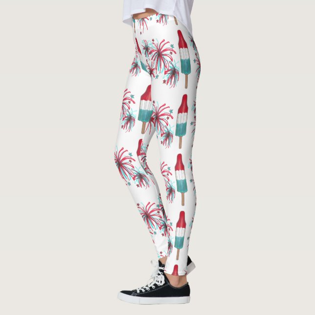 Red White Blue USA Patriotic Rocket Pop Fireworks Leggings (Links)