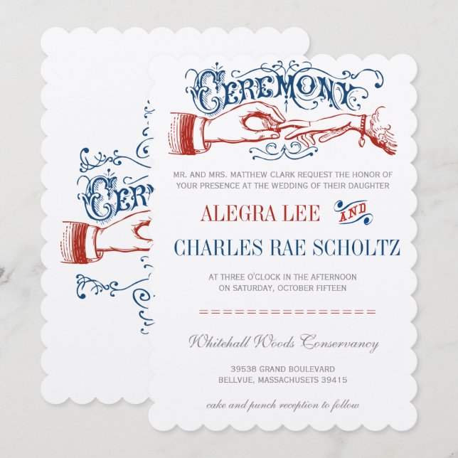 Red White Blue Viktorianisch Typografie Einladung (Vorne/Hinten)