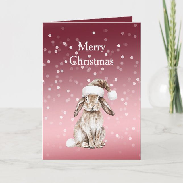 Red White Bokeh Dots Christmas Bunny Rabbit Hat Karte (Vorderseite)
