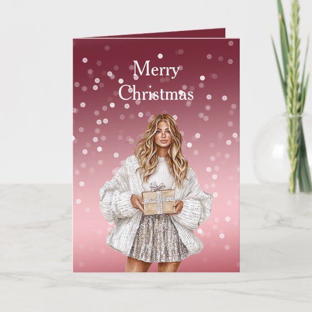 Red White Bokeh Dots Christmas Pretty Blond Girl Karte (Vorderseite)