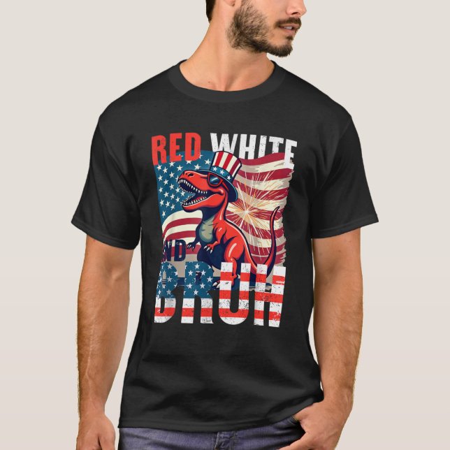 Red White Bruh Dinosaur Funny USA 4. Juli T-Shirt (Vorderseite)