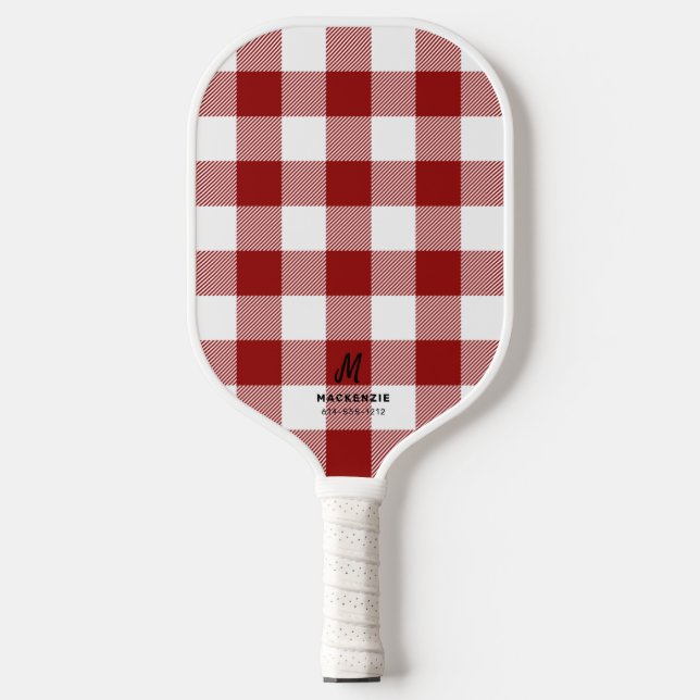 Red White Buffalo Kariert Mit Monogramm Pickleball Schläger (Vorderseite)