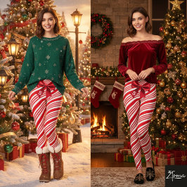 Red White Candy Cane Diagonal Stripes Bow Leggings