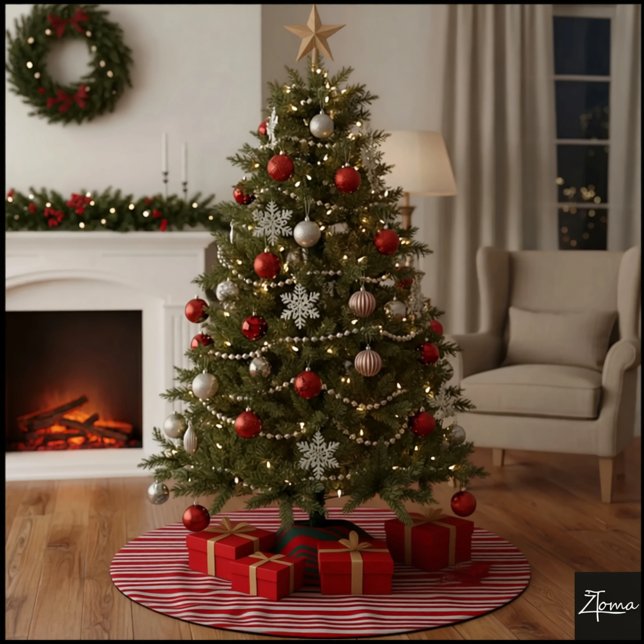 Red White Candy Cane Diagonal Stripes Bow Polyester Weihnachtsbaumdecke (Von Creator hochgeladen)