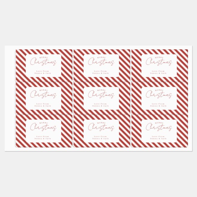 Red & White Candy Cane Stripes Merry Christmas Etiketten (Blatt)
