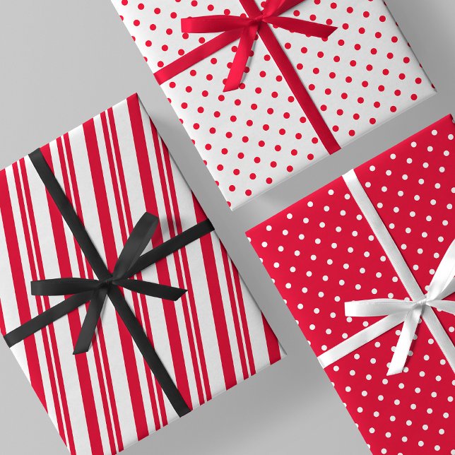 Red & White Candy Cane Stripes & Polka Dots Geschenkpapier Set (Red & White Candy Cane Stripes & Polka Dots Wrapping Paper Sheets)