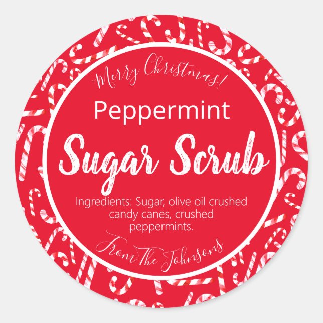 Red White Candy Cane Weihnachtszucker Scrub Labels Runder Aufkleber (Vorderseite)