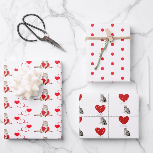 Red & White Cat Sortiment von Valentine Gift Wrap Geschenkpapier Set (Vorderseite)