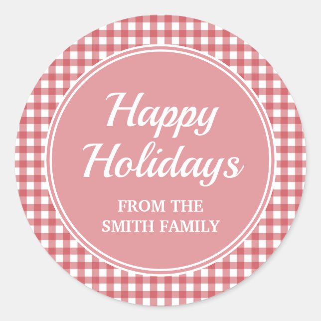 Red White Checkered Gingham Pink Happy Holidays Runder Aufkleber (Vorderseite)