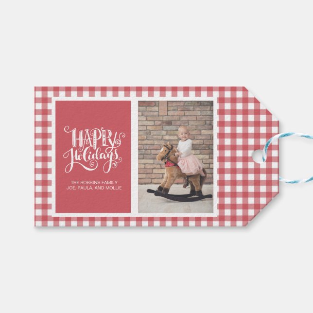 Red White Checkered Happy Holidays Family Foto Geschenkanhänger (Vorderseite (Horizontal))