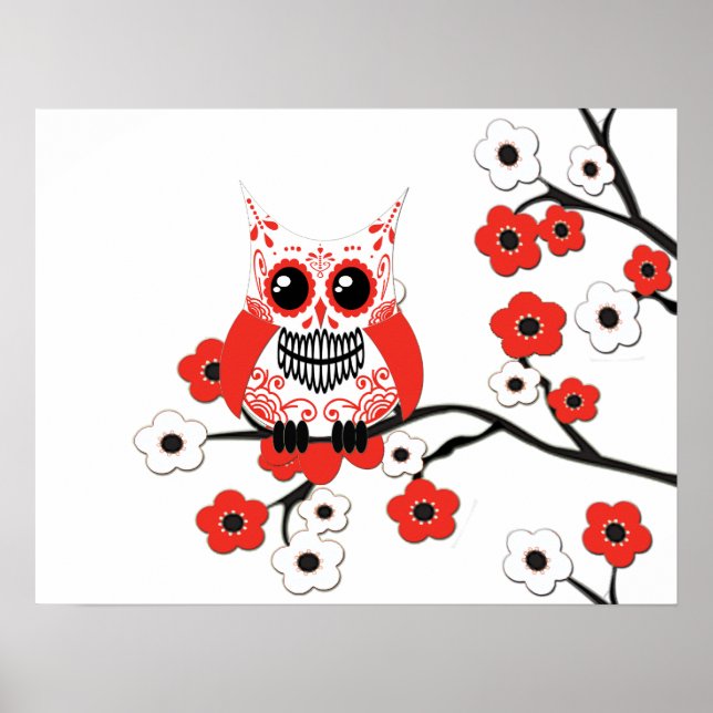 Red White Cherry Blossom Owl Poster (Vorne)