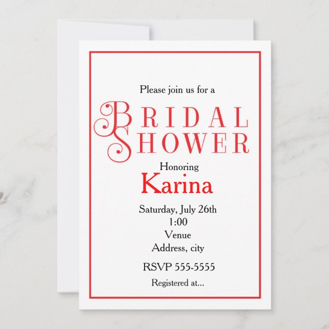 Red & White Chic Classy Bridal Douche Invitation (Devant)