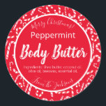 Red White Christmas Candy Cane Body Butter Labels Runder Aufkleber<br><div class="desc">Es gibt nur wenige Weihnachtsgeschenke auf dieser Welt, die eine gute nährende Karosseriebutter sind, die Ihr Gefühl weich und glatt verlasse. Wenn Sie zu Weihnachten eine Charge Pfefferminzbutter mit Duft zugeschüttet haben und Sie ein Etikett brauchen, um diese festliche Touch hinzuzufügen, dann wird dieser rot-weiße Zuckerrohraufkleber Ihre Verpackung in der...</div>
