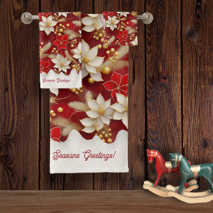 Red White Christmas Floral Pattern#17 ID1009 Badhandtuch Set