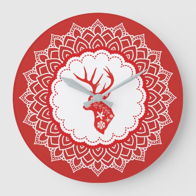 Red & White Christmas Hirsch White Mandala Rahmen Große Wanduhr (Vorderseite)