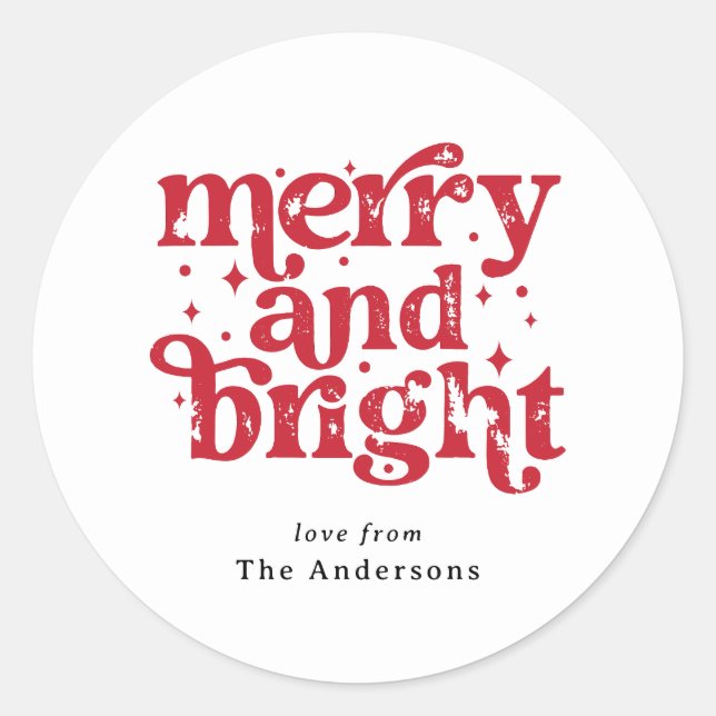 Red & White Christmas Merry & Bright Personalized Runder Aufkleber (Vorderseite)