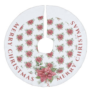 Red & White Christmas Poinsettia Muster Leinenimitat Weihnachtsbaumdecke