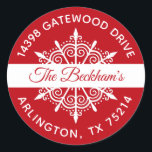 Red White Christmas Snowflake Rücksendeadresse Runder Aufkleber<br><div class="desc">Ein festlicher rot-weißer Urlaubsschneeflocker mit den Worten Frohe Weihnachten und Ihren Namen und Ihre Adresse! Sie fügen Ihren Weihnachtskarten eine Touch mit diesem Snowflake Rücksendelabel hinzu. Entworfen für Sie von BlackBerry Boulevard.</div>