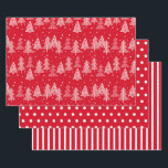Red White Christmas Trees Polka Dots Strip Geschenkpapier Set<br><div class="desc">Drei Blatt rot-weiß Weihnachtsverpackungspapier Set. Blatt 1 ist rot und mit weißen Weihnachtsbäumen bedeckt. Blatt 2 ist ein koordinierendes Rot mit weißem Polka-Punkt-Muster,  und Blatt 3 ist rot mit weißem Streifen. Kontaktieren Sie uns für Hilfe bei der Anpassung oder um passende oder koordinierende Produkte anzufordern.</div>
