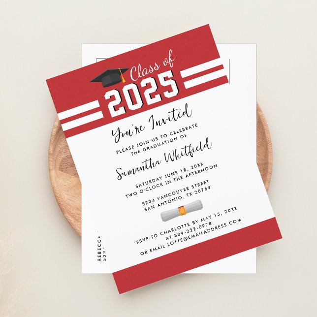 Red White Class 2025 Abschluss Einladungspostkarte (2025 Graduation Party Red White Invitation Postcard)