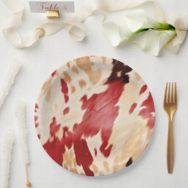 Red White Creme Western Cowhide Cowgirl Pappteller (Hochzeit)