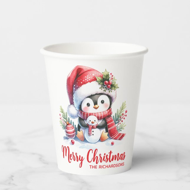 Red White Custom Niedlich Pinguin Frohe Weihnachte Pappbecher (Vorderseite)