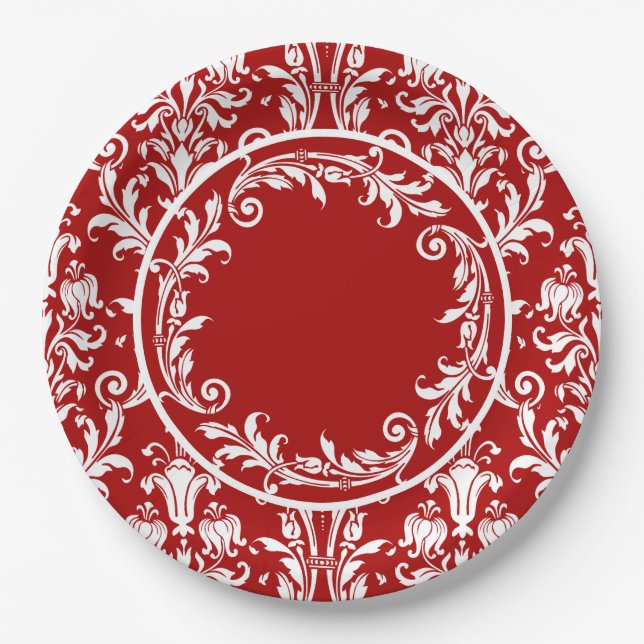 Red White Damask Floral Wirbel Persönlich Pappteller (Vorderseite)